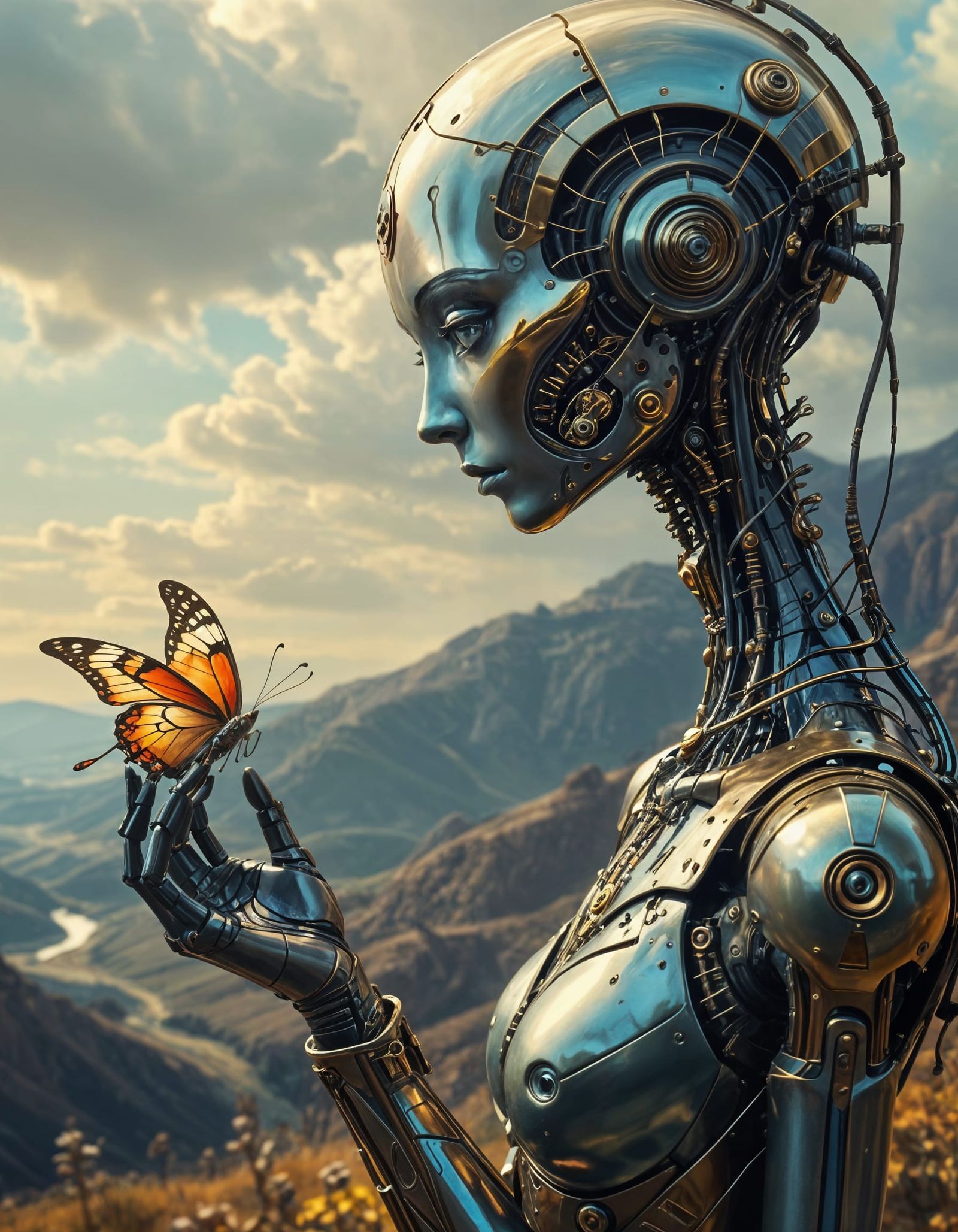 Steampunk Robot Woman Observes Butterfly, Surreal Digital Ar...