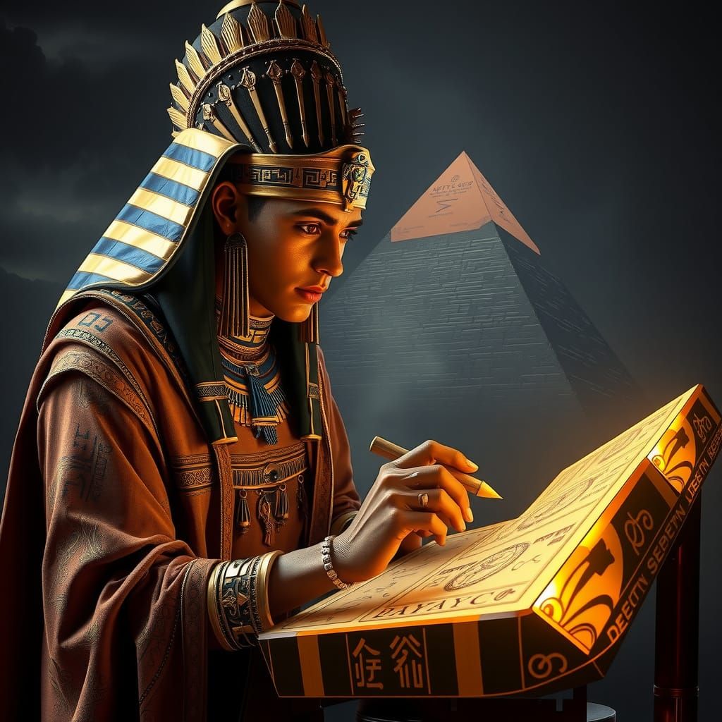 Egyptian Scribe Carving Hieroglyphs on Computer Screen