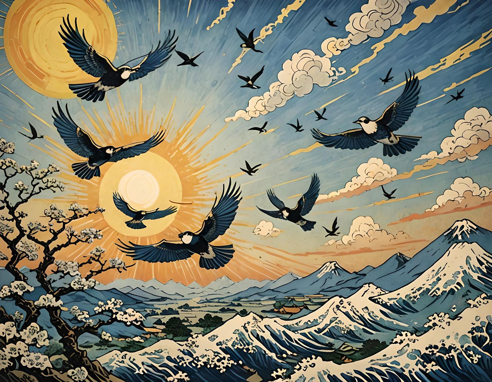 Birds Flying in Sunny Sky: Hokusai and Van Gogh Style