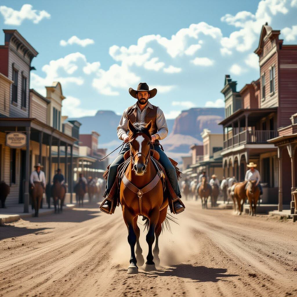 Cowboy Rides Through Vintage Wild West Town
