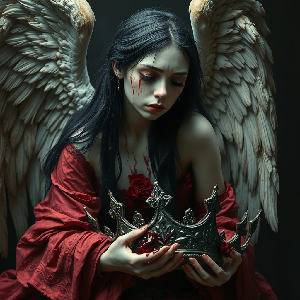 Sorrowful Angel Weeps Amidst Broken Glory