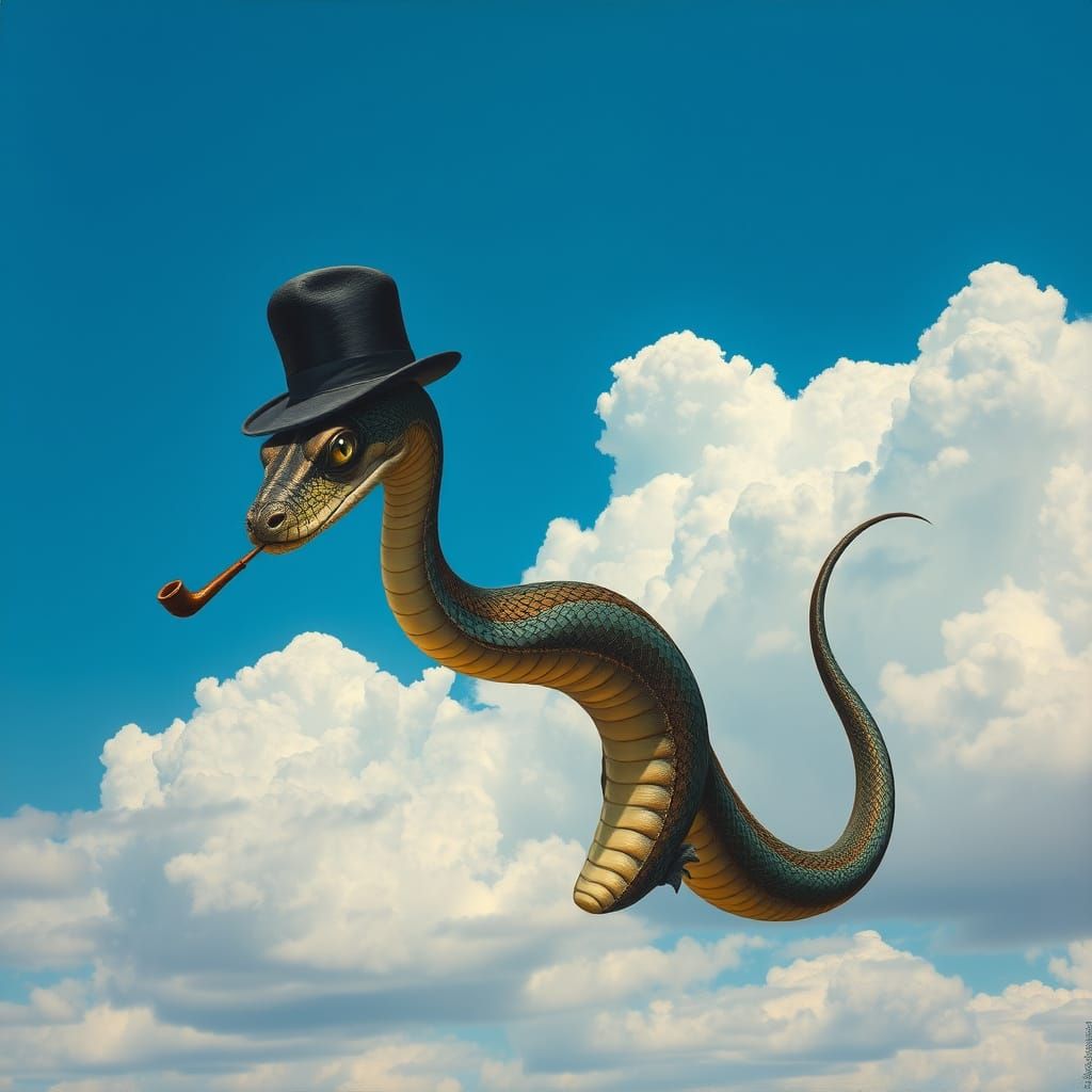 Surrealist Serpent in Bowler Hat Suspended in Mid-Air