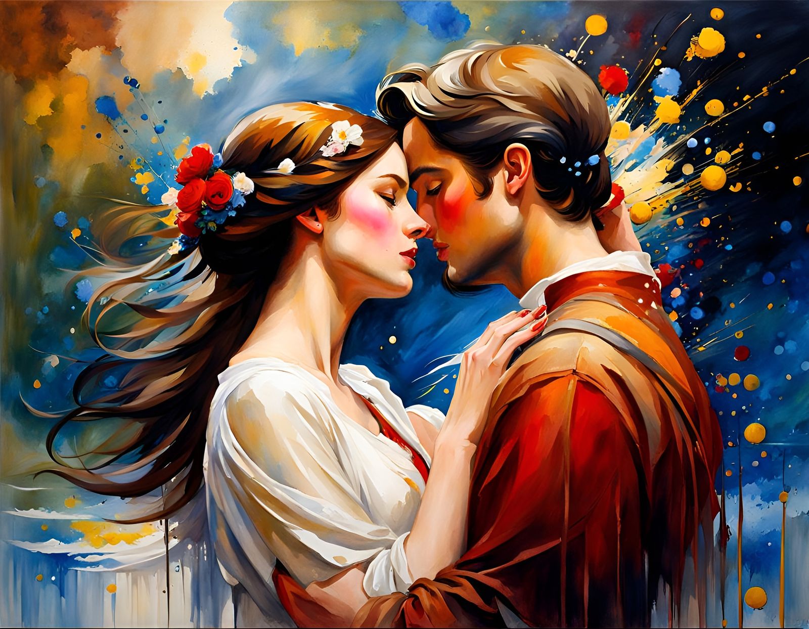 Lovers Embrace in Splash Art Watercolor Style