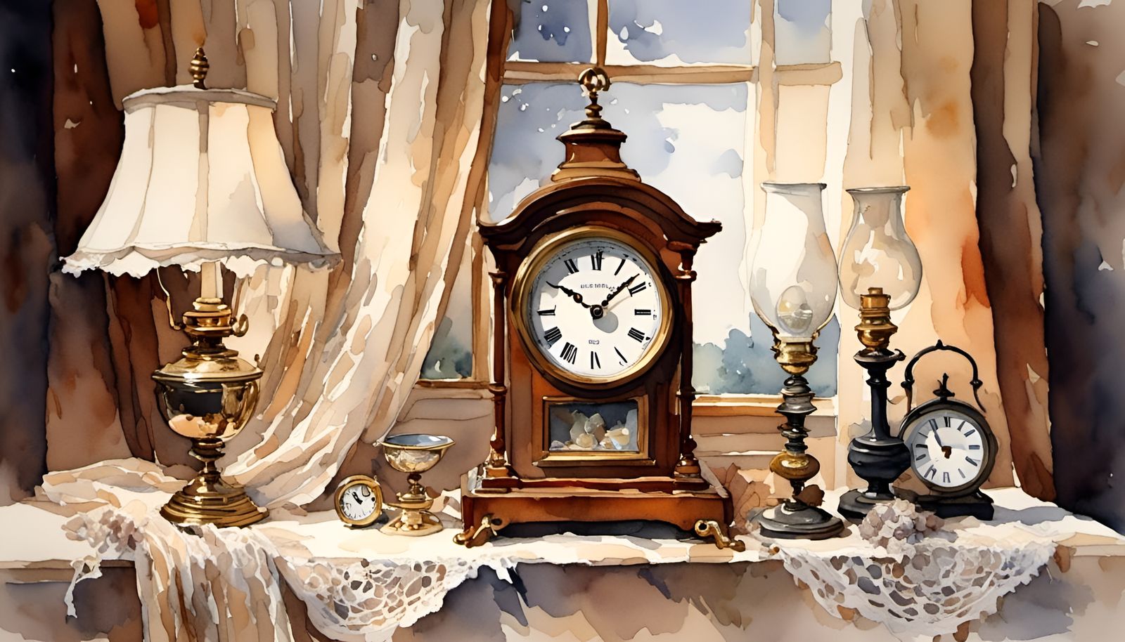 Antique Clock Concept Art in Watercolor Style
