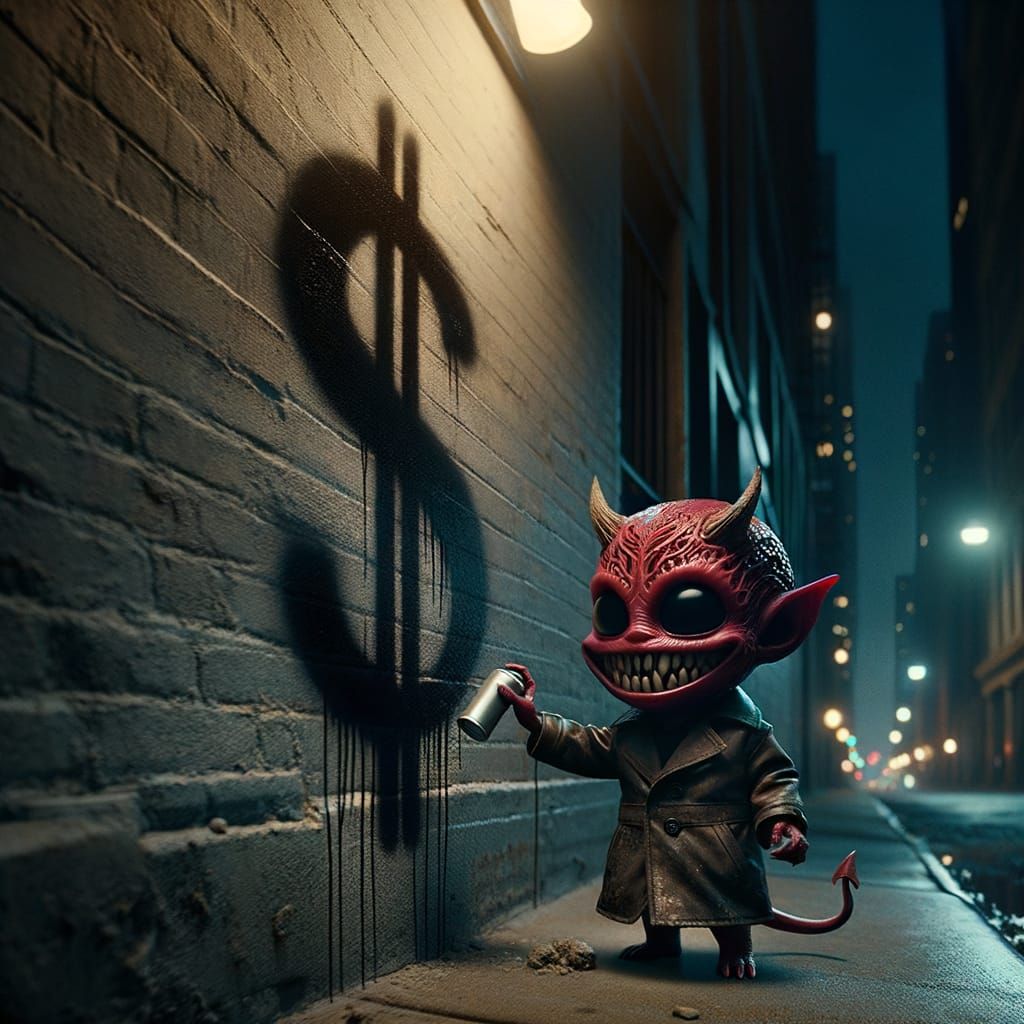 A tiny dark crimson demon  with slit eyes and many small sha...