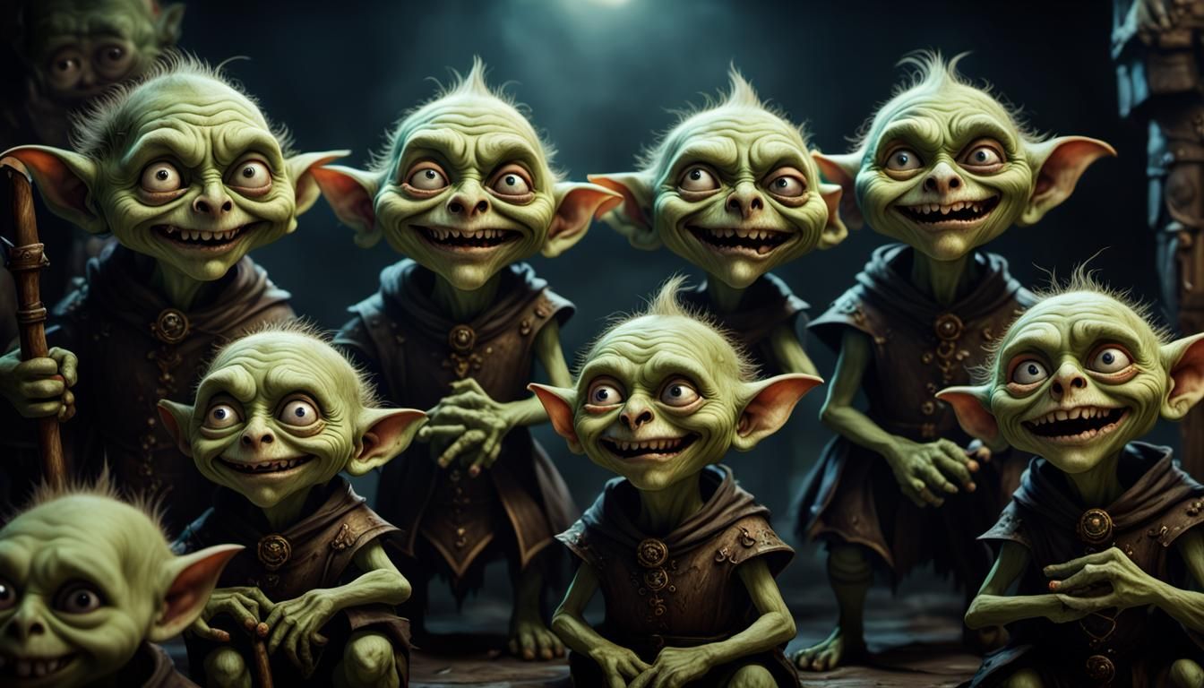 Medieval Goblins with Glowing Eyes, Tim Burton Style