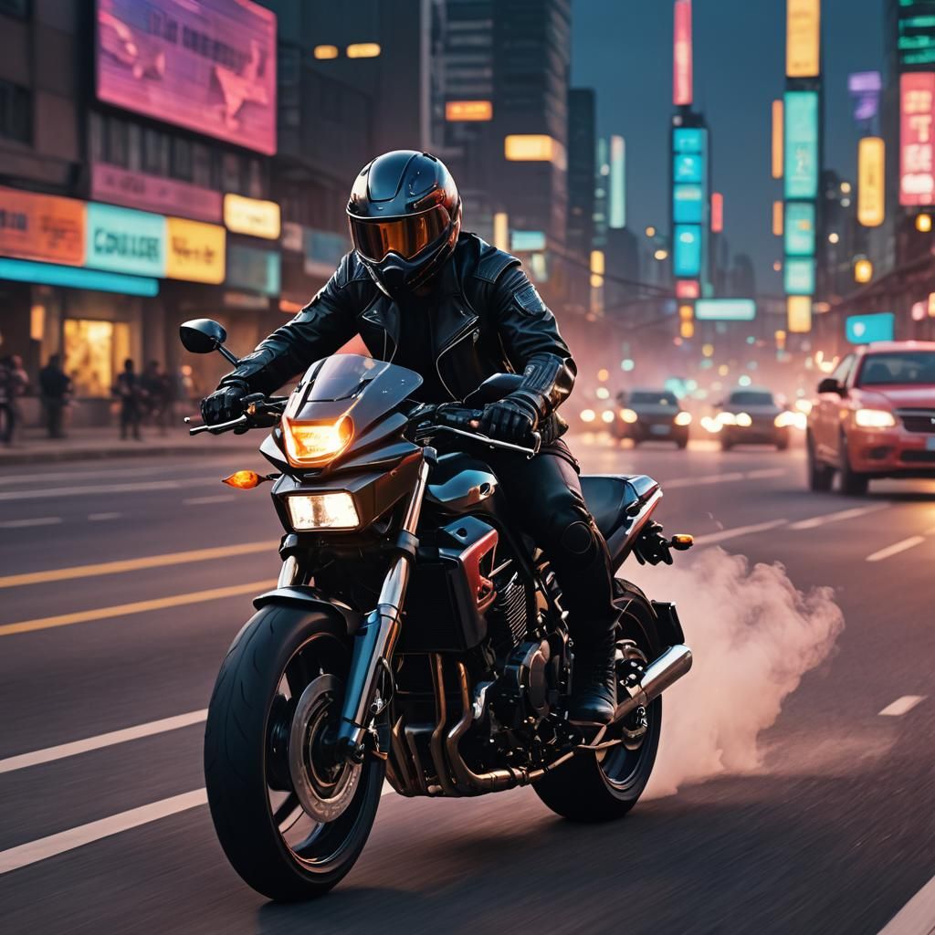 Cybernetic Rider Speeds on Neon Highway