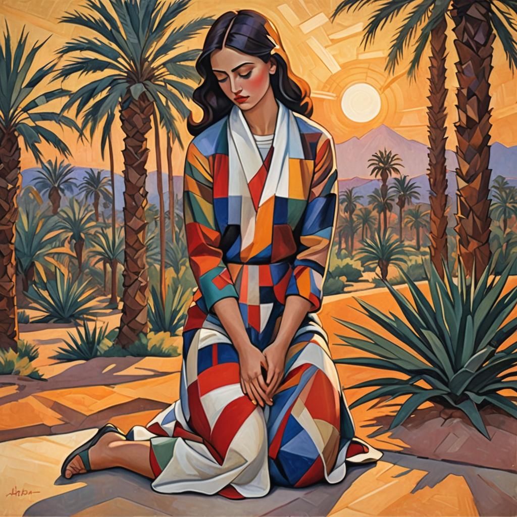 Girl Praying at Desert Oasis in Cubist Style