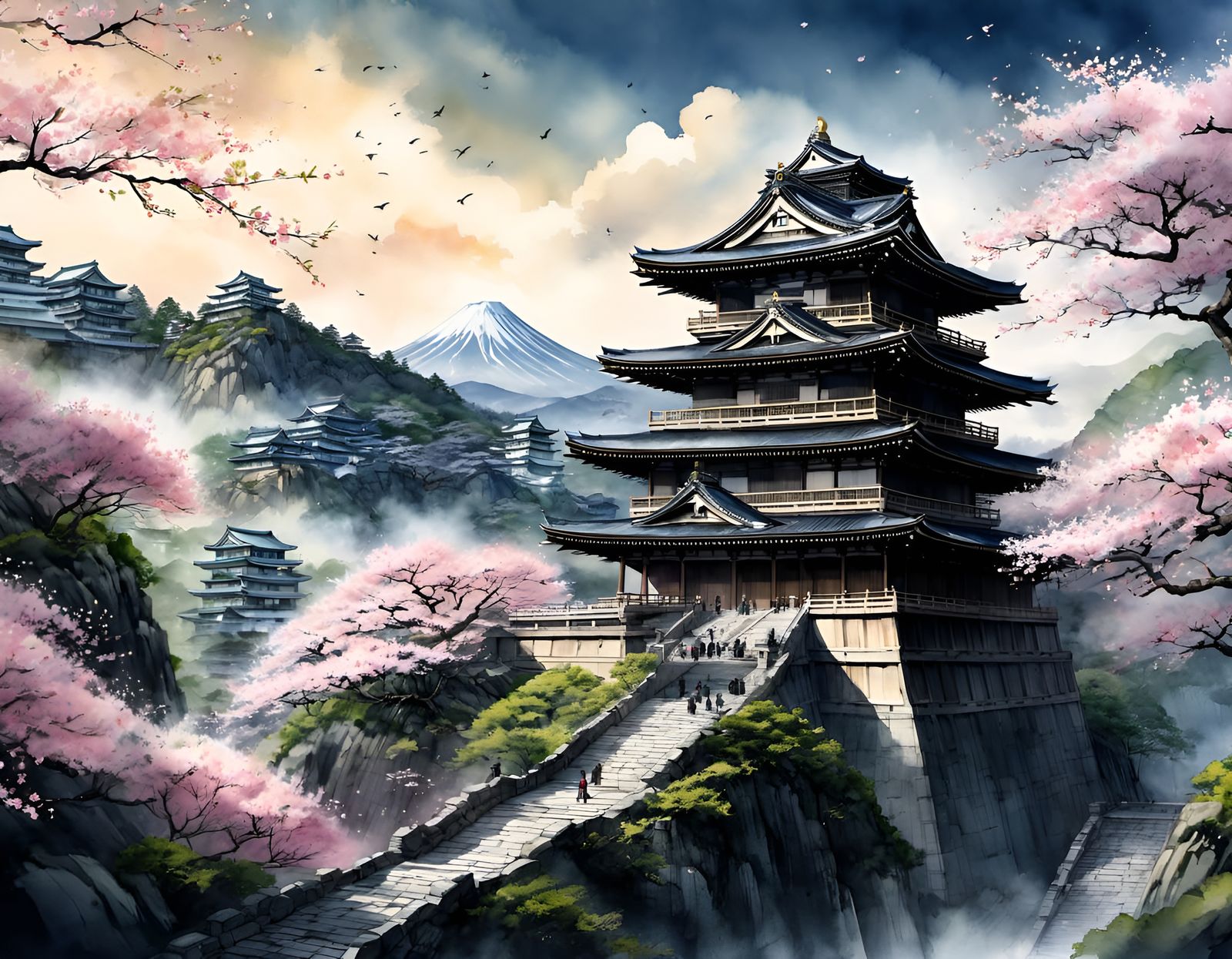 Japanese Stronghold Amidst Sakura Forest, Ink and Wash