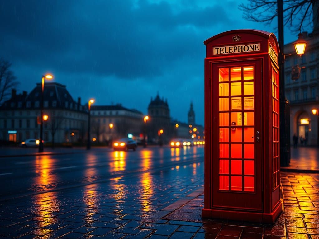 Vintage Telephone Booth Glows Against Serene Evening Sky