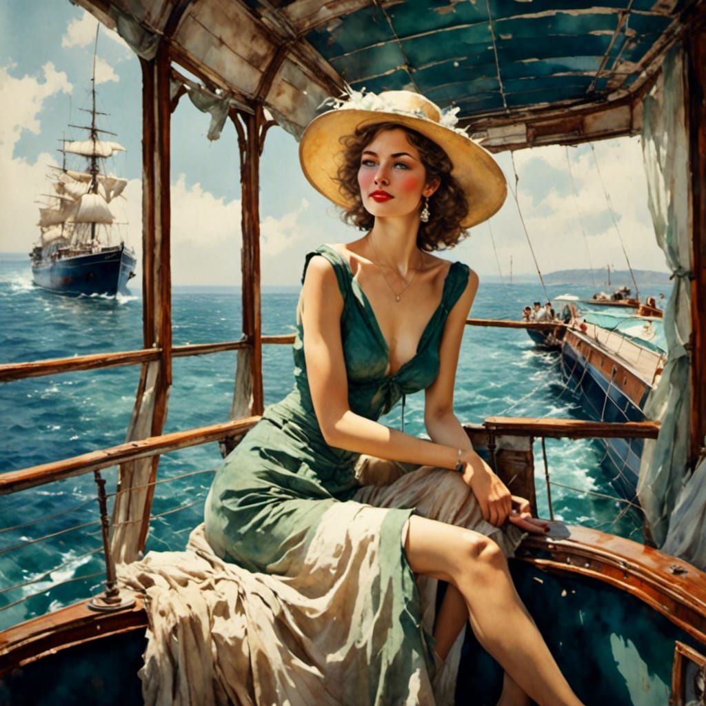 Elegant Woman Lounging on Cruise Ship in Watercolor
