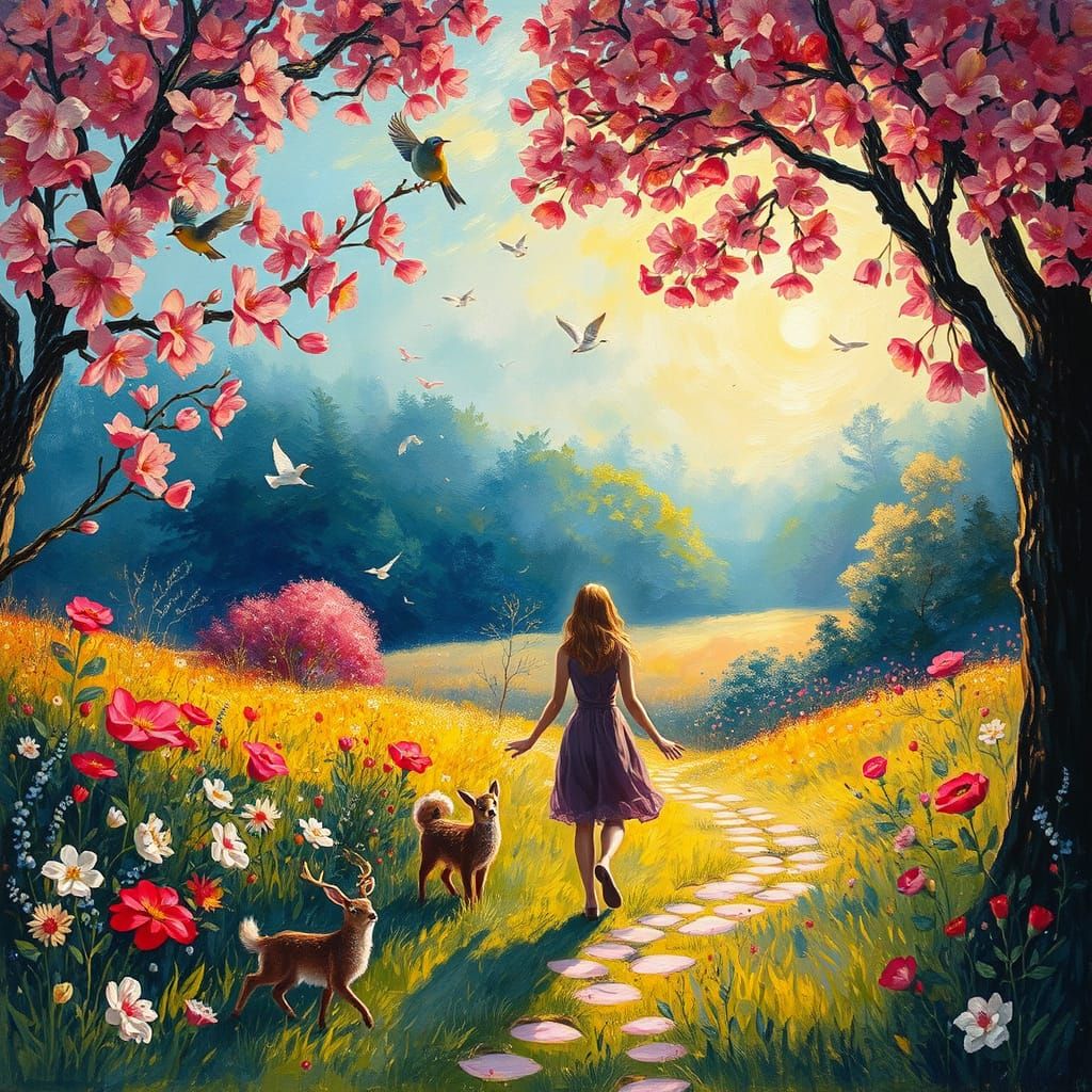 Joyful Pastoral Dreamscape with Figures in Neo-Impressionist...