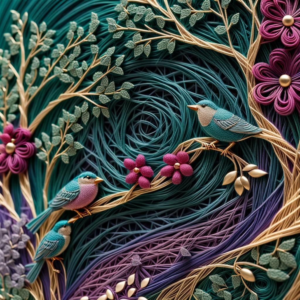 Intricate String Art Nature Scene in Vibrant Colors