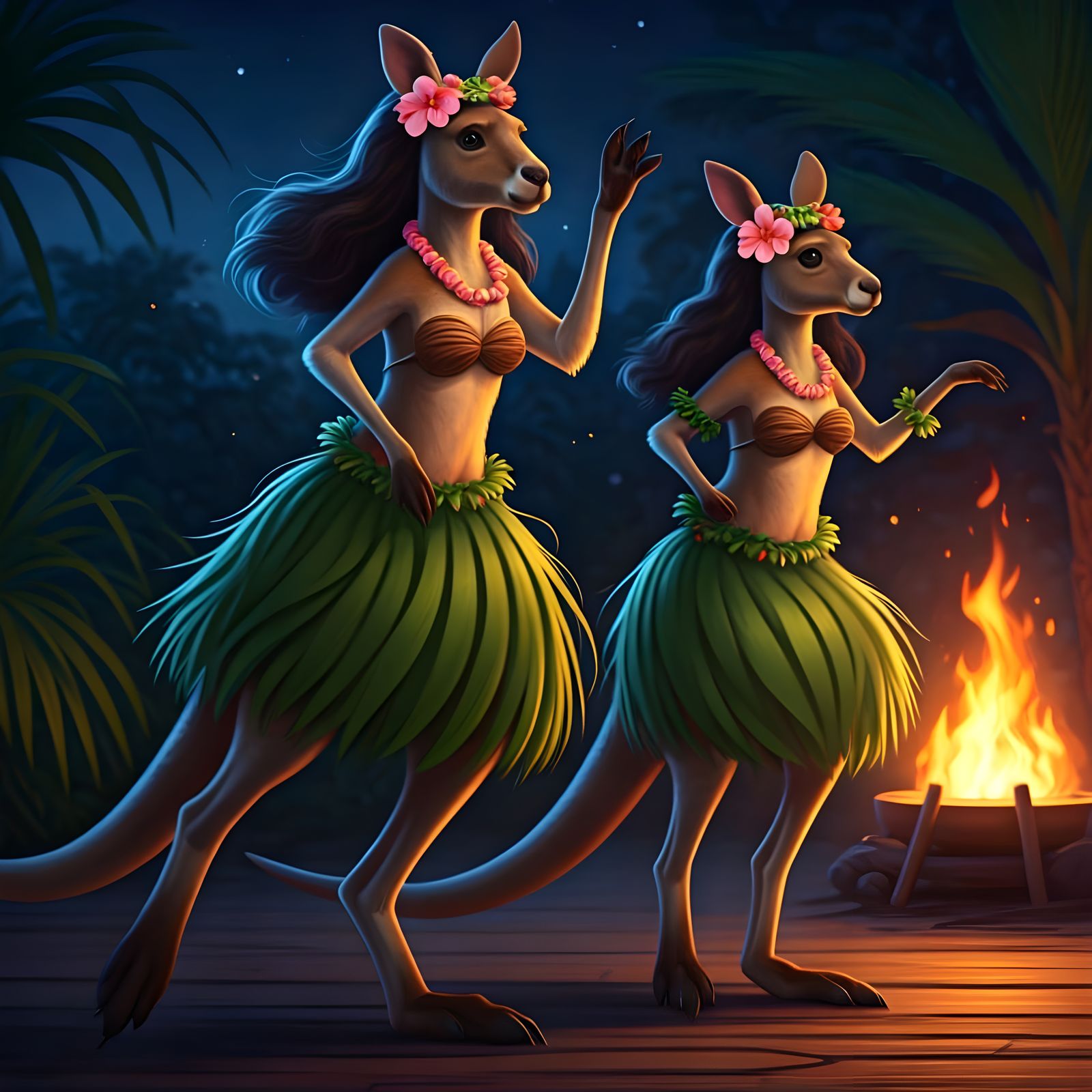 Kangaroos Dance the Hula Around a Luau Fire