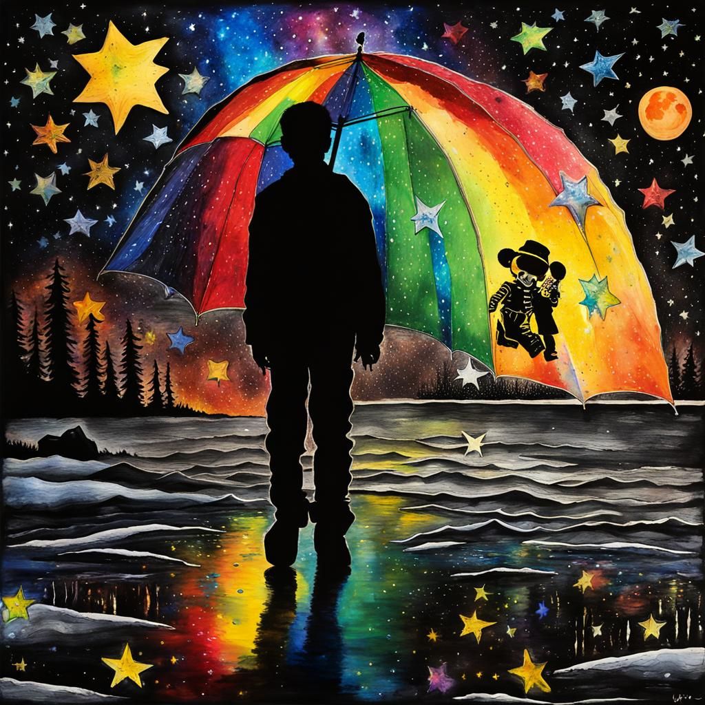Calavera Man with Rainy Stars: Surreal Watercolor Art