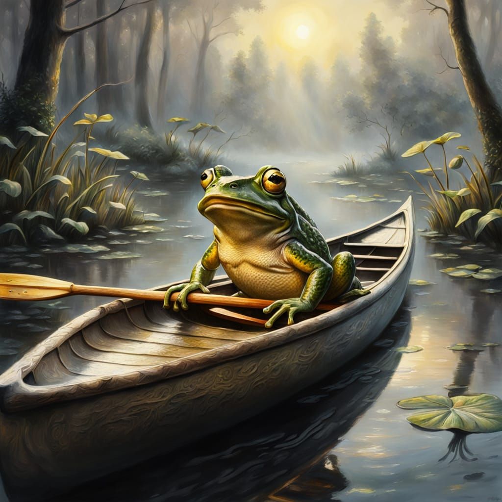 Frog in Canoe: Ethereal Charcoal Drawing in Gouache Style
