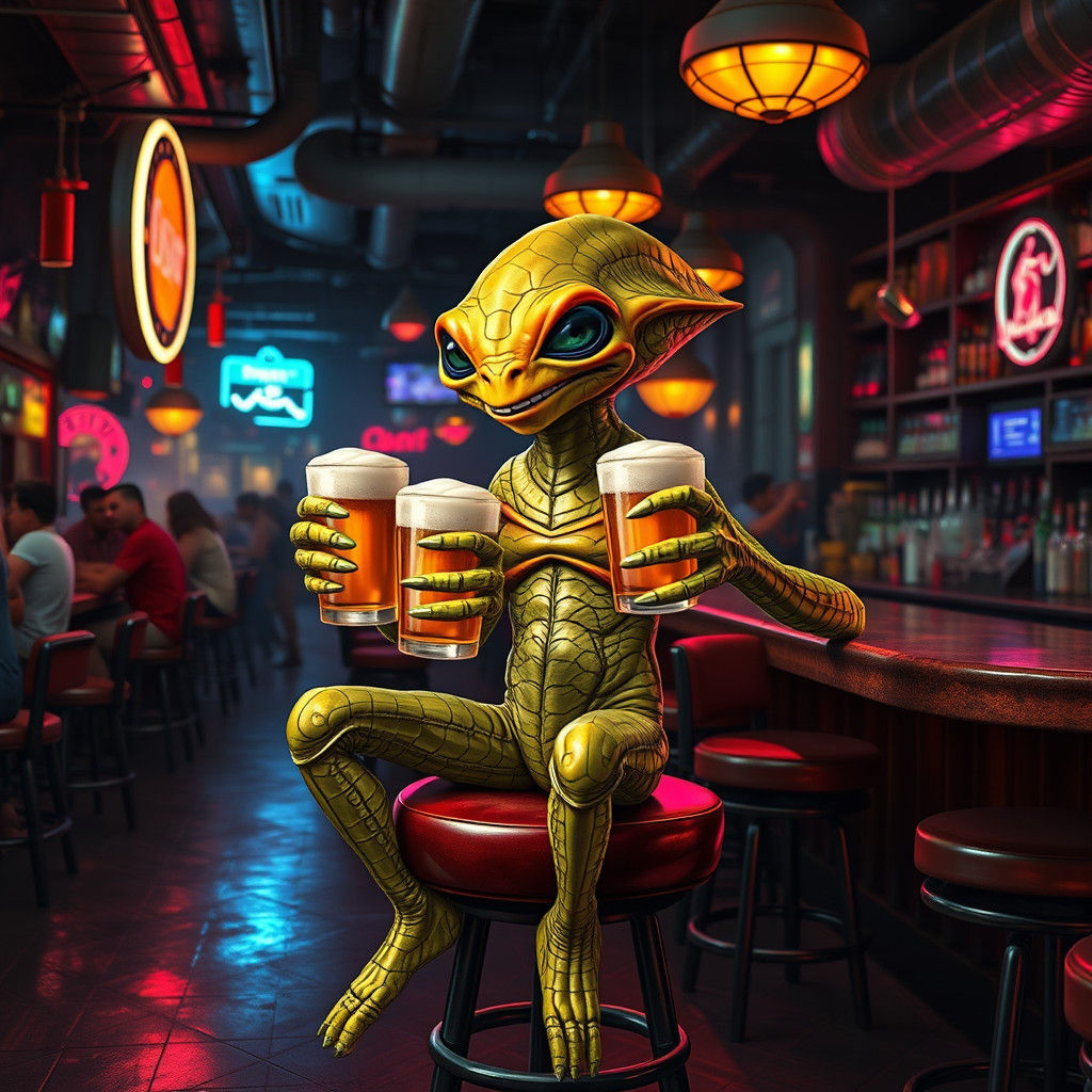 Four-Armed Alien Enjoying Beers in Neon Bar
