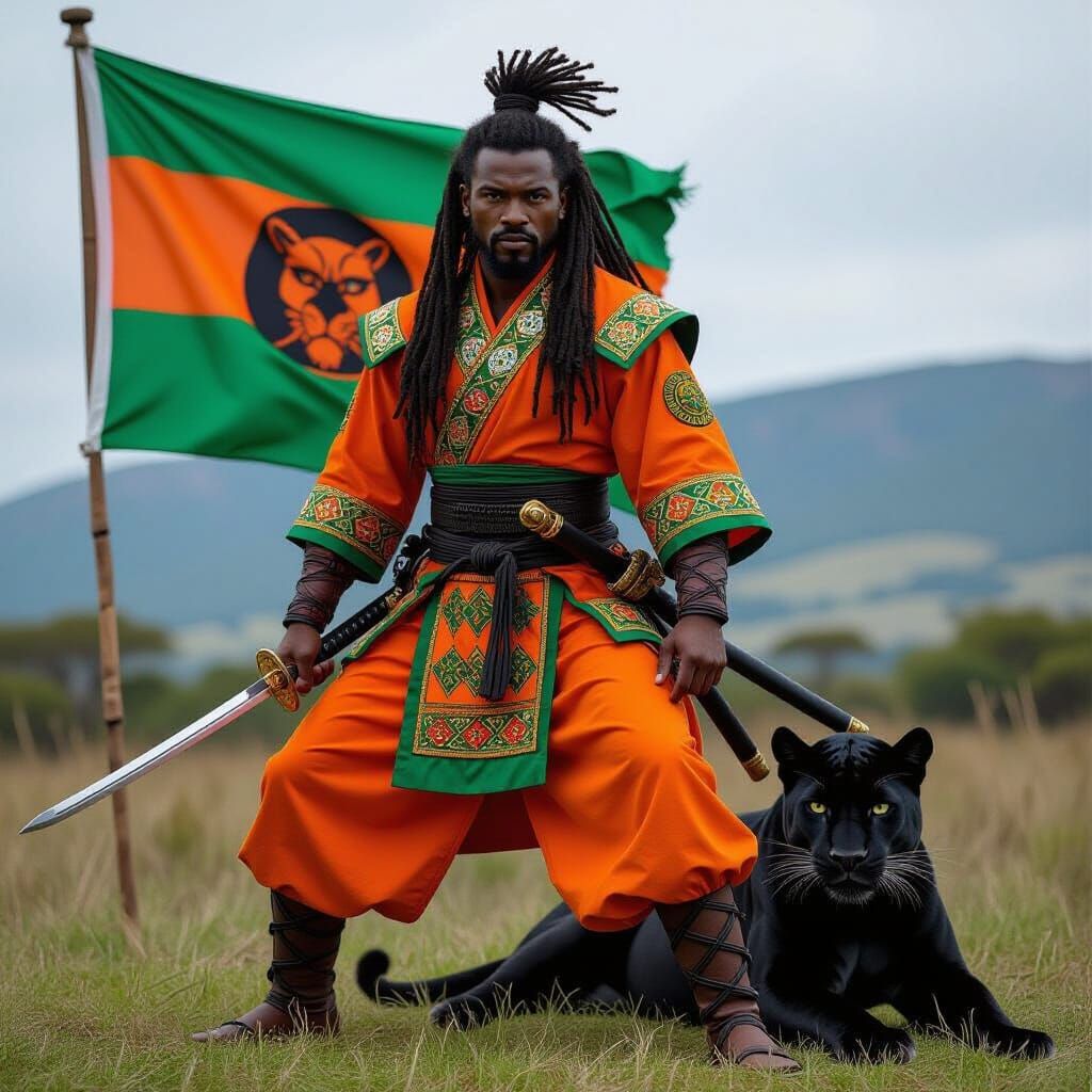 African Warrior with Panther and Zulu Flag