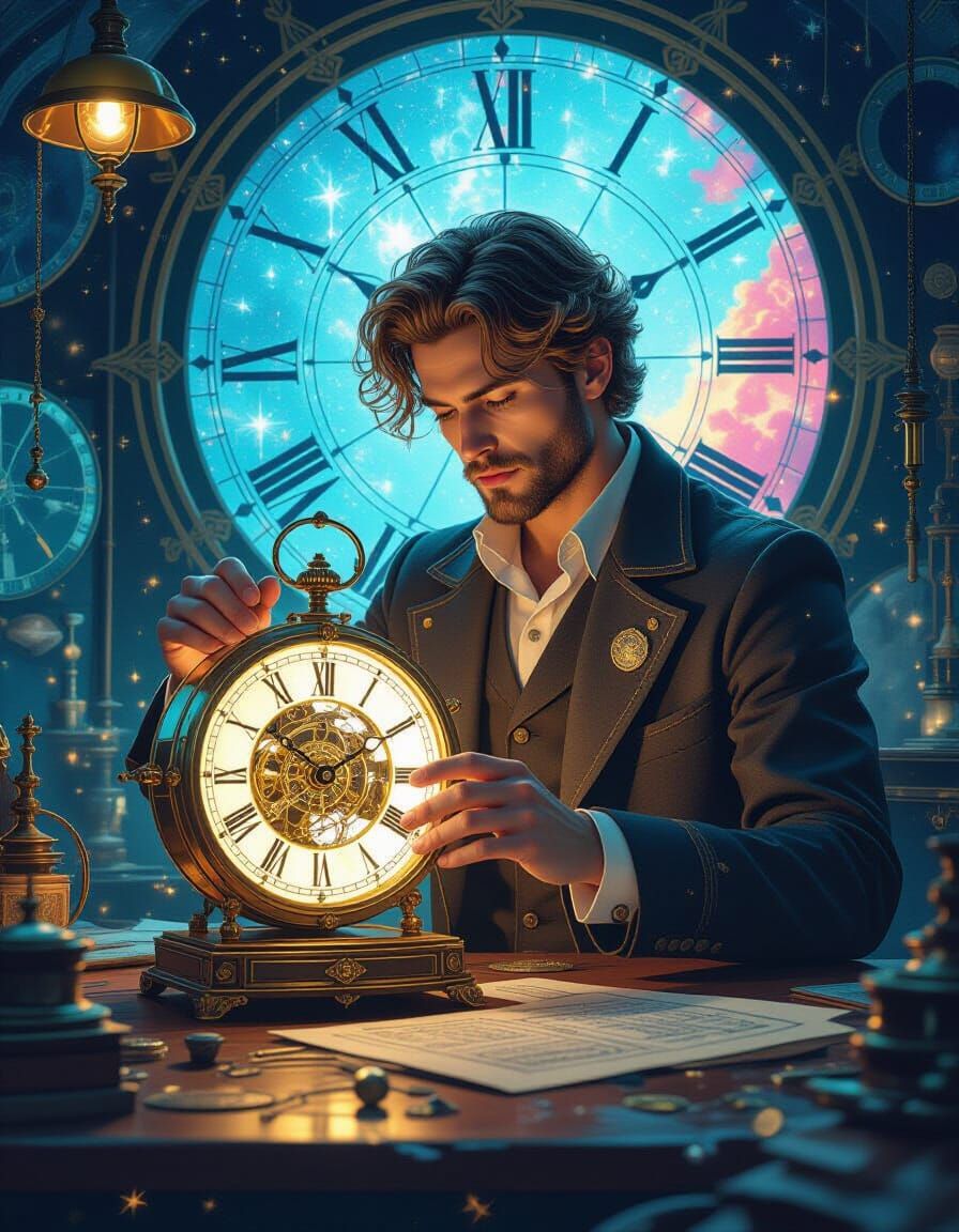 Celestial Clockmaker Assembling Stardust Timepieces