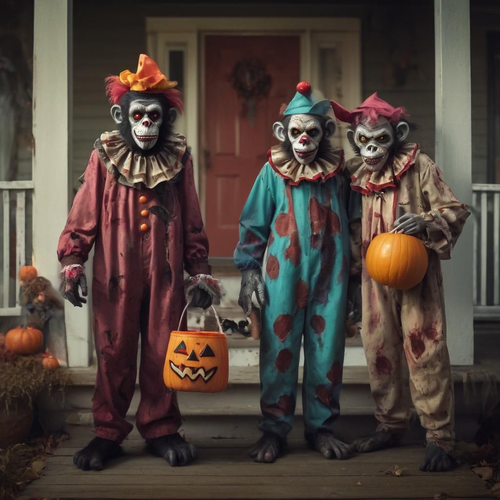 Zombie Monkey Clown Trick-or-Treaters in a Horror Film