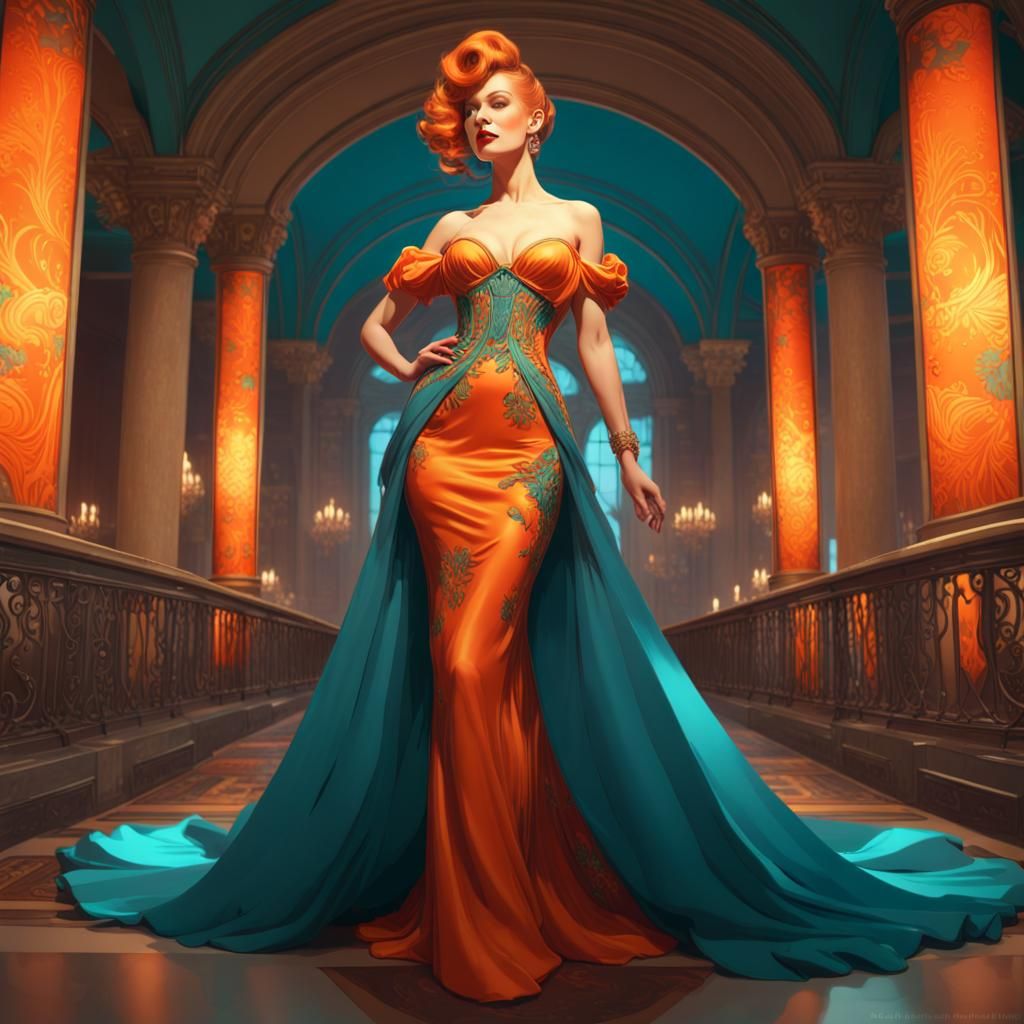 Pinup Evening Gown Concept Art in Art Nouveau Style