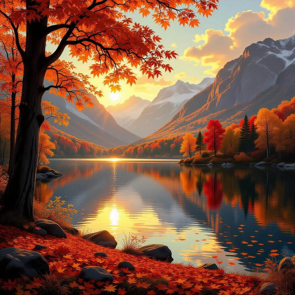 Golden Autumn Landscape with Falling Leaves by a Lake