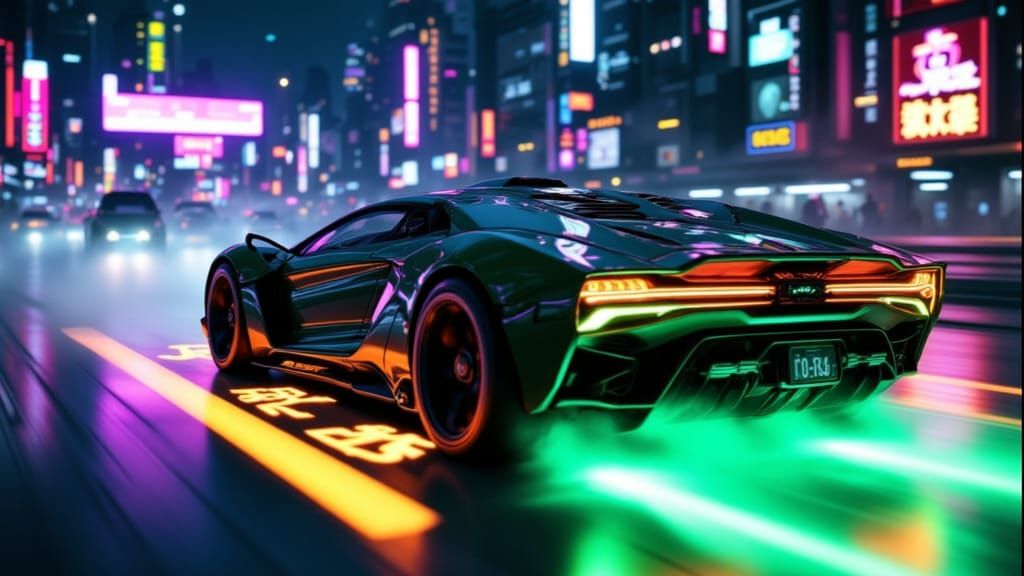 Futuristic Hover Car in Neon Cityscape