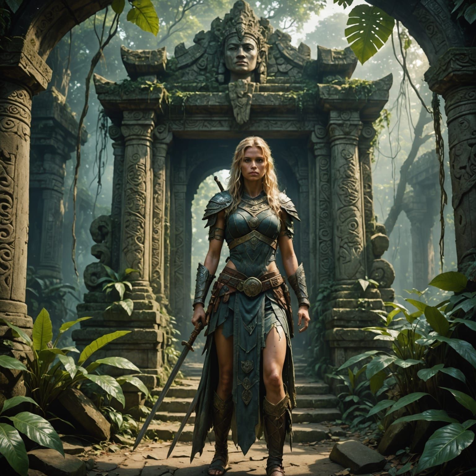 Hyperrealistic Female Warrior Guards Hidden Jungle Temple