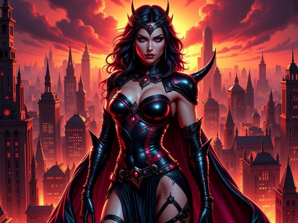 Comic Sorceress Queen Over Neon Gothic Metropolis