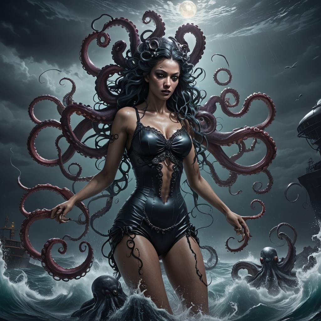 Subsea Goth Octopus Woman in Noir Style