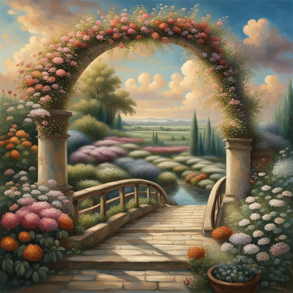 Garden with Bridge and Flowers as Painted Artwork