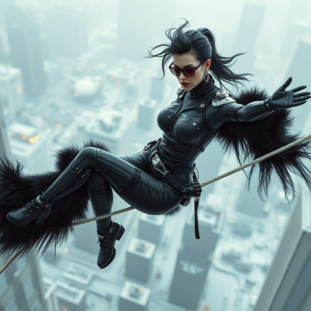 Cyborg Woman Balances on High-Wire Amidst Cyberpunk Cityscap...
