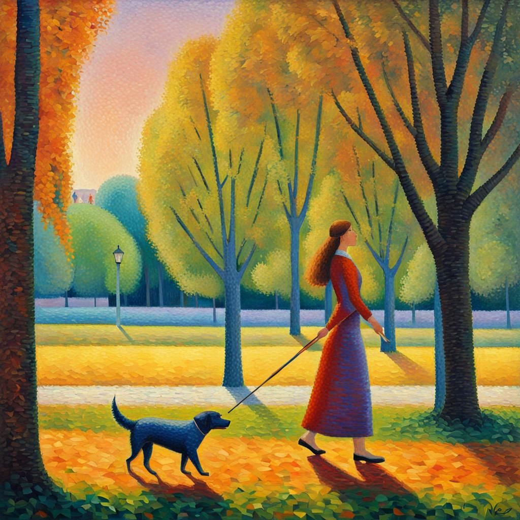 Woman and Dog in Park, Neo-Impressionist Style