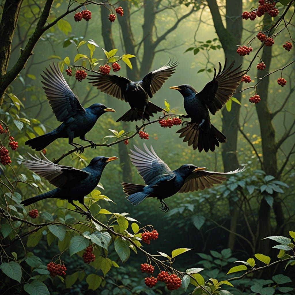 Blackbirds Feast on Luscious Berries in Green Bush
