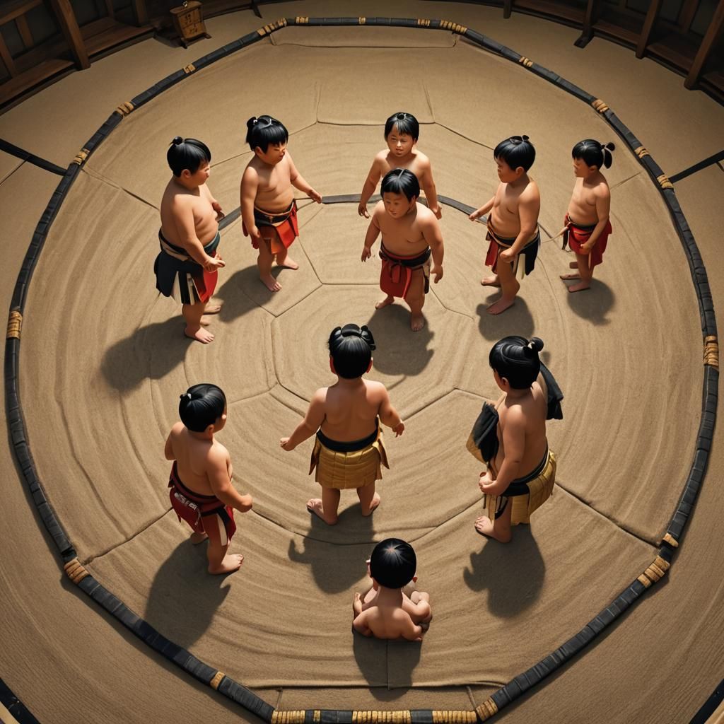 Kids Sumo Wrestling in Hexagon Ring, Hyper-Realistic Art