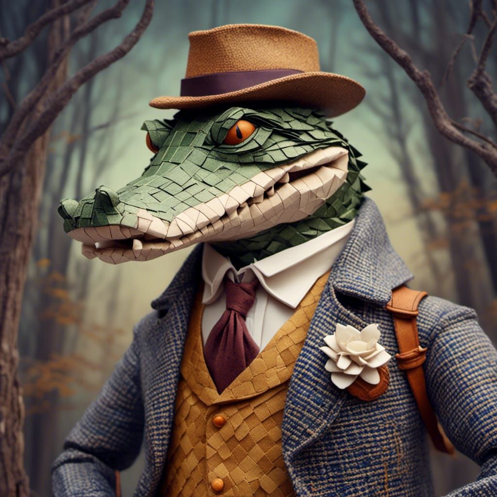 Alligator Detective in Origami Papercraft Style