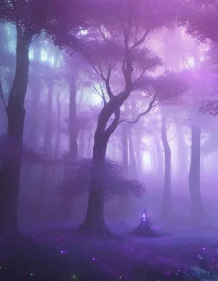 Magical ethereal purple forest with purple trees& fantasy vibes& magical vibes& ethereal vibes& realistic vibes& shimmer...