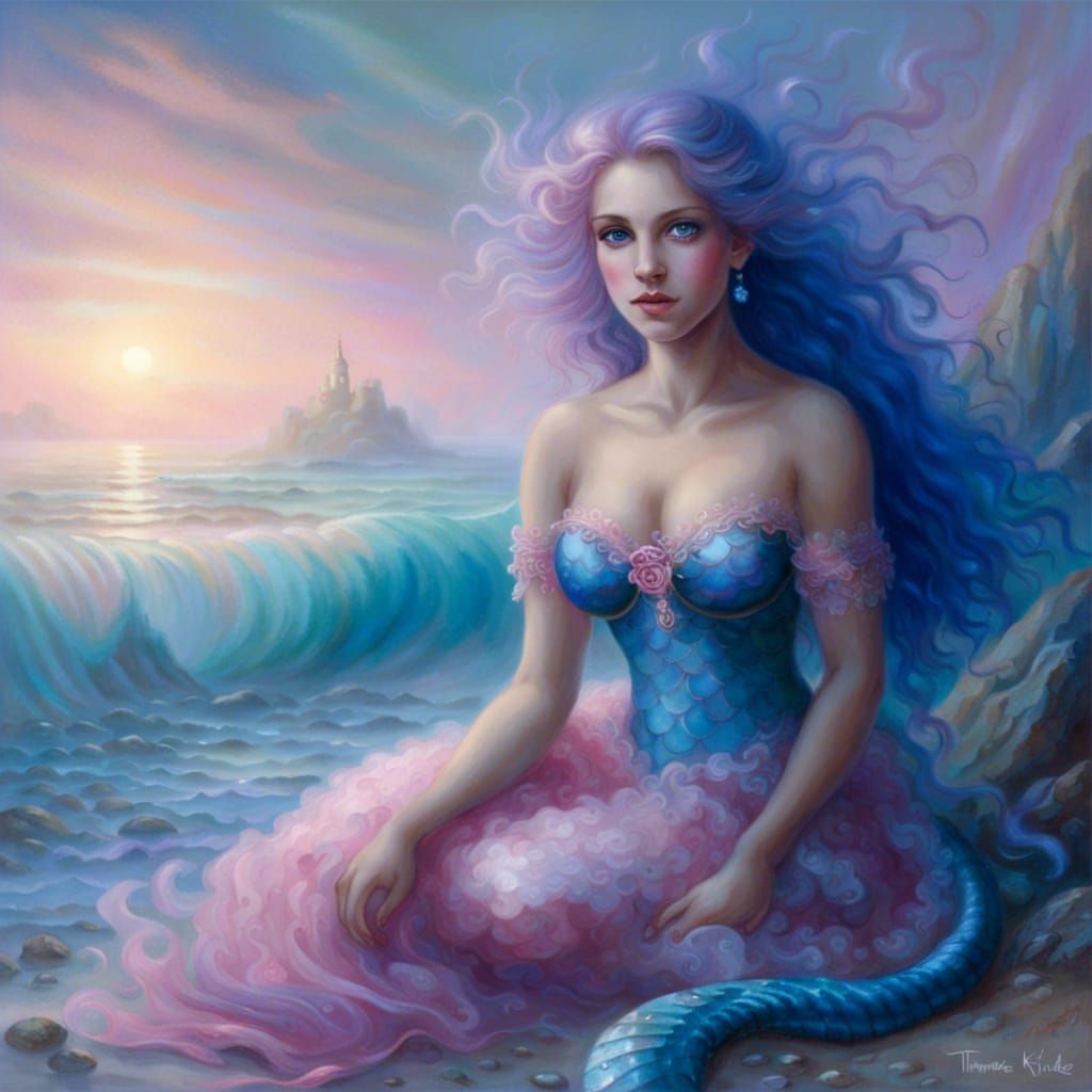 Pink and Blue Mermaid on Beach in Fantasy Style