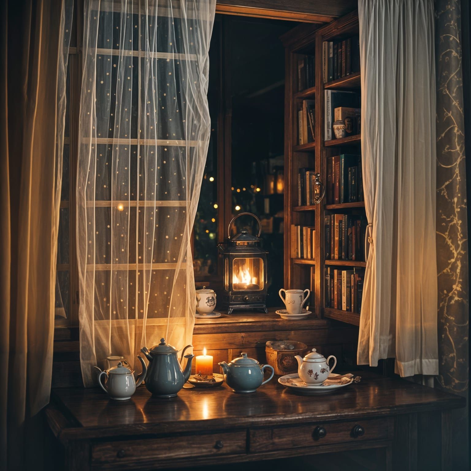 Cozy Nighttime Window Scene with Fireplace