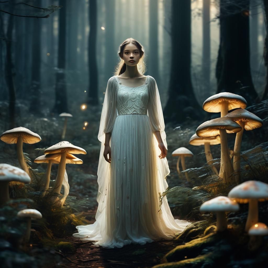 Mystical Forest Scene with Glowing Mushrooms