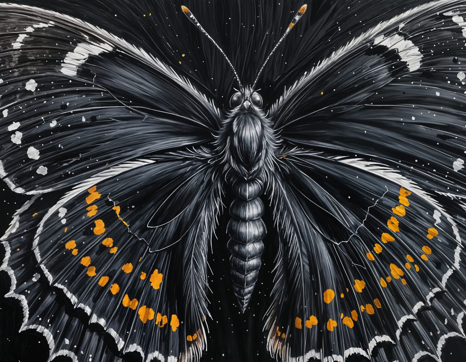 Cecropia Moth in Black, Silver Highlights, Grunge Style