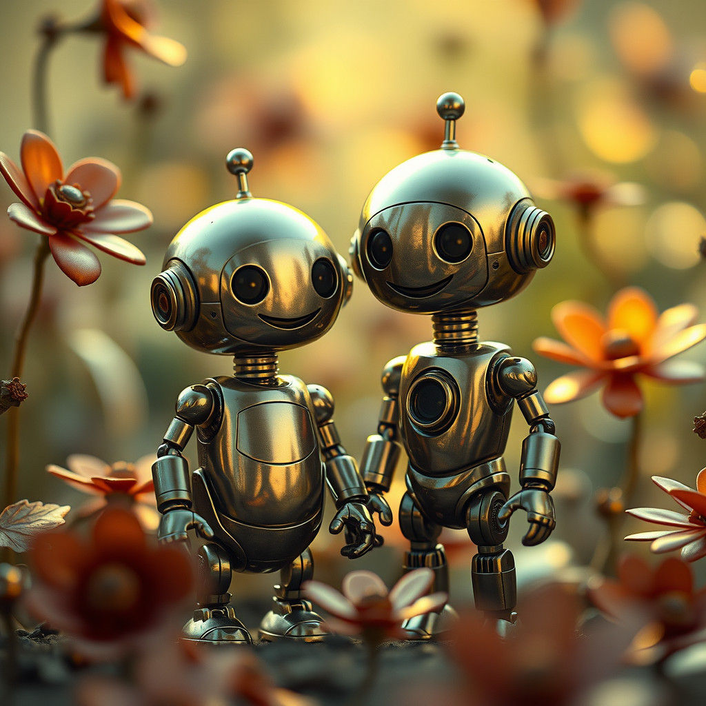 Toy Robots in Whimsical Metallic Garden, Cinematic Style