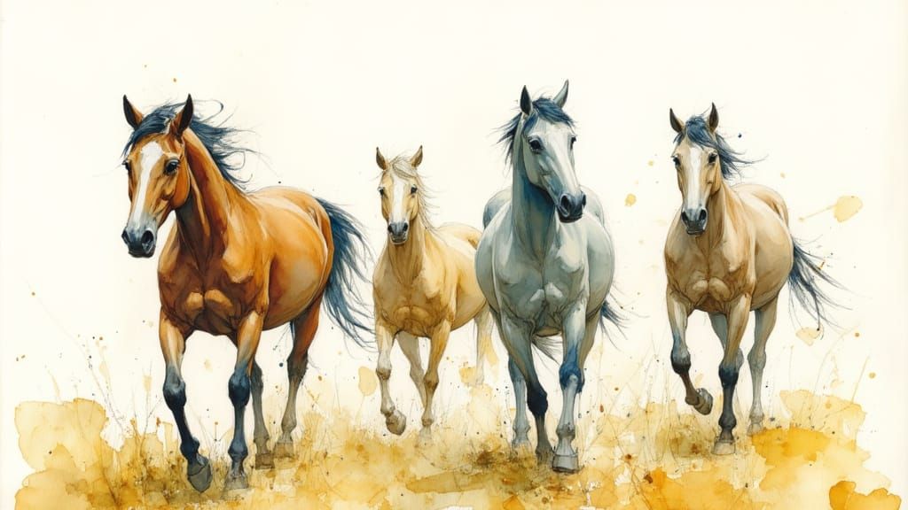 Surreal Horses in Field: Emotional Watercolor and Ink Art