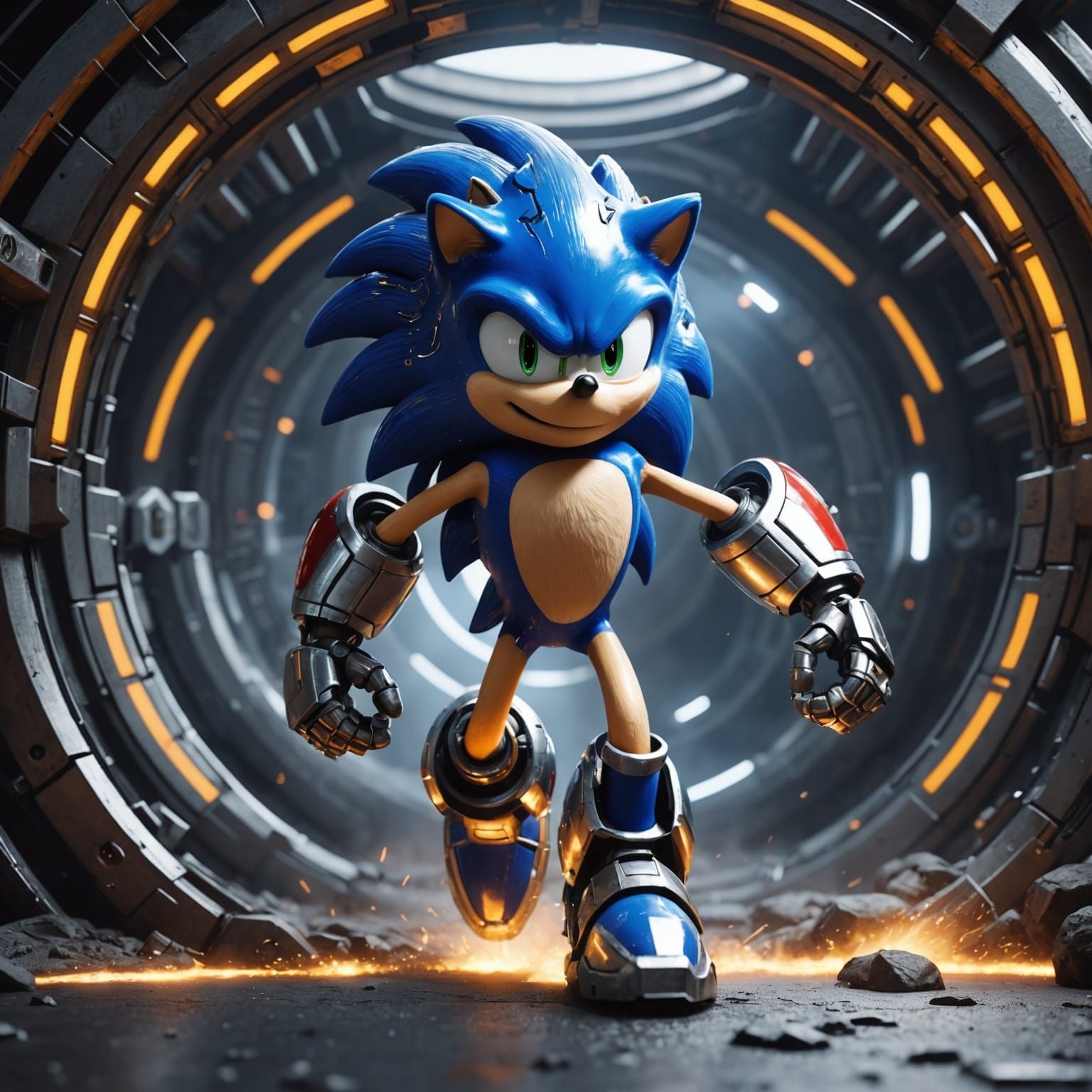 Muscular Sonic Leaps Through Sci-Fi Space Portal