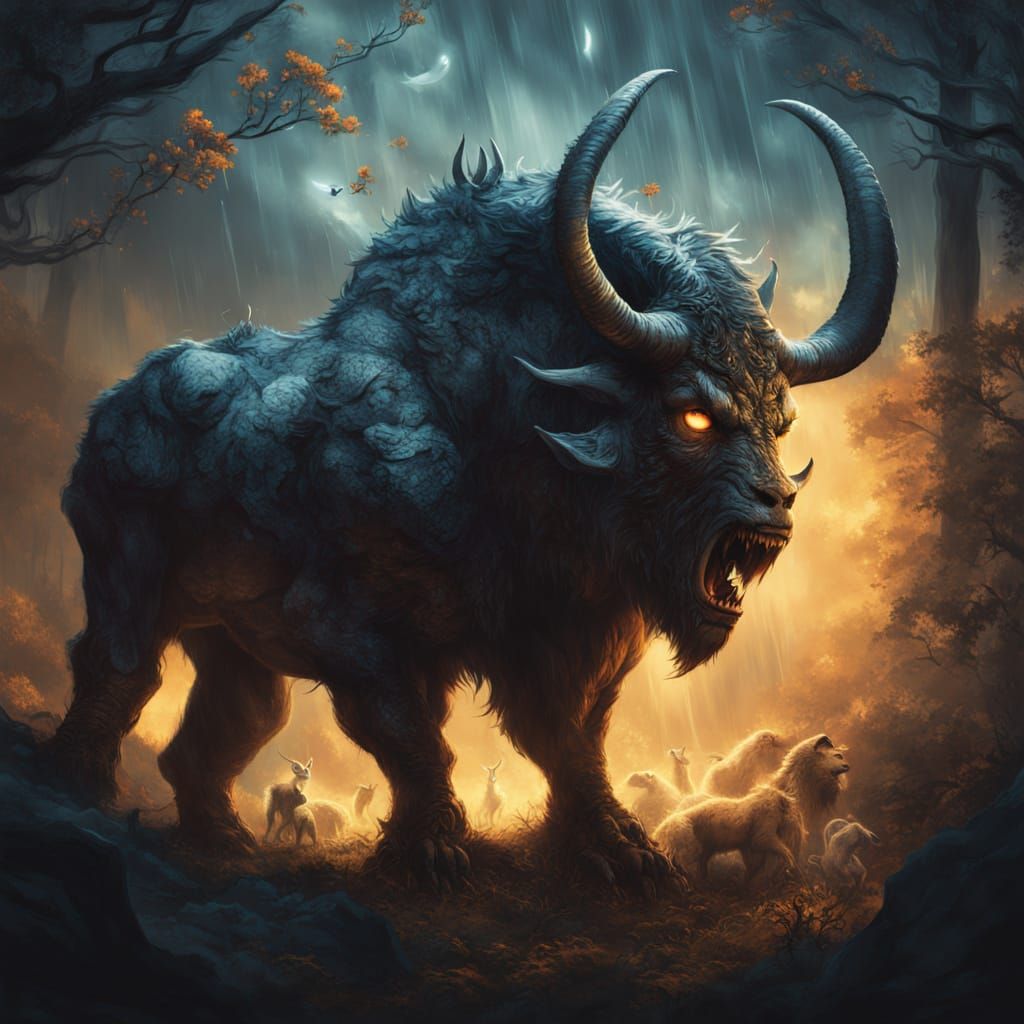 Horned Beast Shelters Children in Stormy Forest