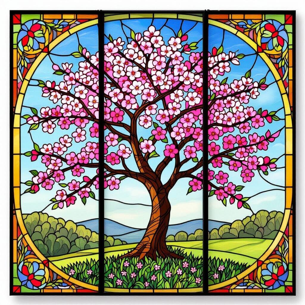 Cherry Blossom Triptic Stained Glass Window Art