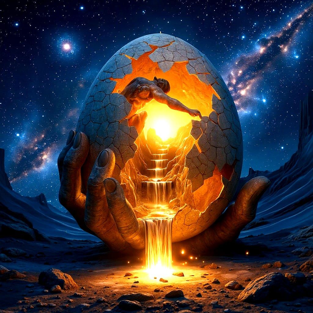 Mysterious Figure Cradles Crackling Eggshell Oasis in Snowy ...