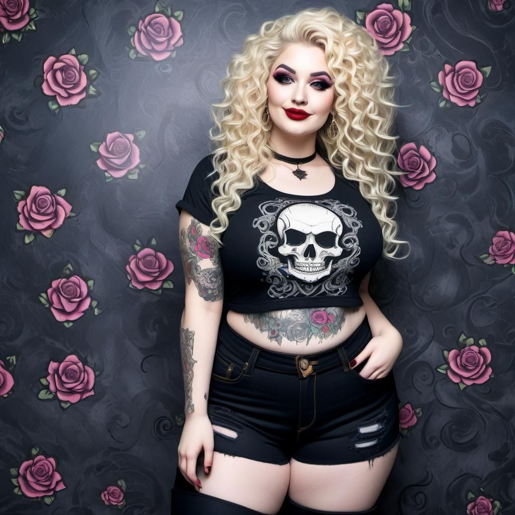 Attractive Goth Woman with Blonde Curls and Tattoos