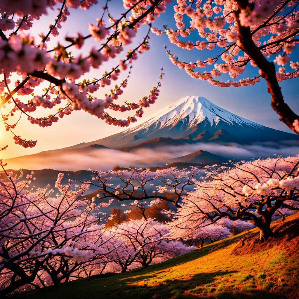 Mount Fuji Cherry Tree in Hyperrealistic Photography