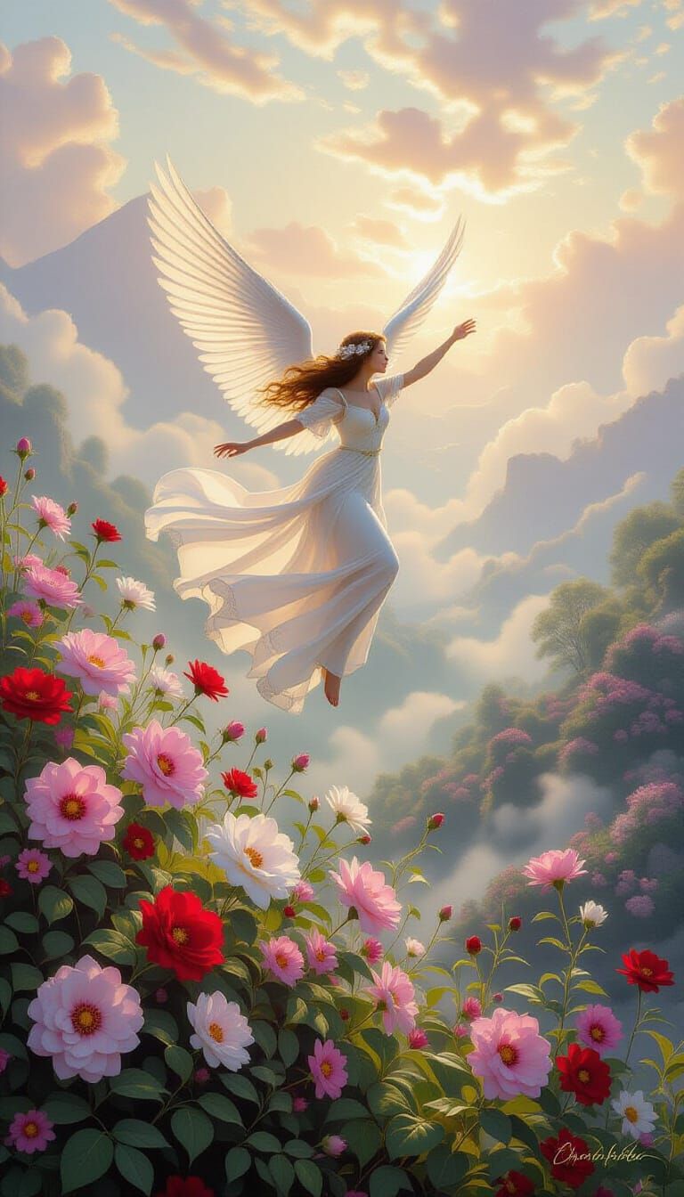 Ethereal Figure in Flight Amidst Blooming Flowers